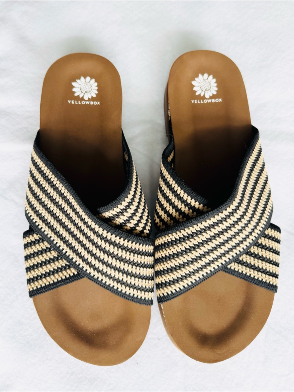 Yellow Box Women's Black and Beige Striped Crisscross Slide Sandals